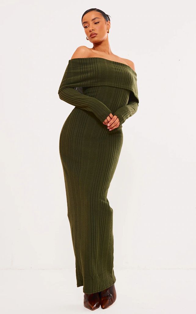 Khaki Brushed Rib Oversized Bardot Maxi Dress, Green
