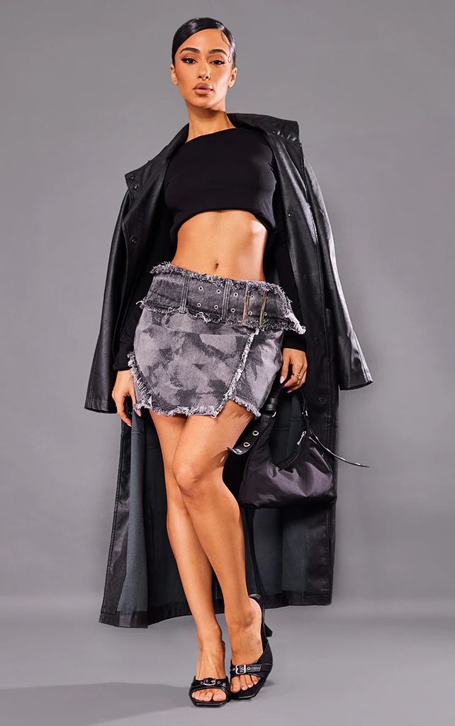 Petite Washed Black Printed Belted Mini Skirt, Washed Black