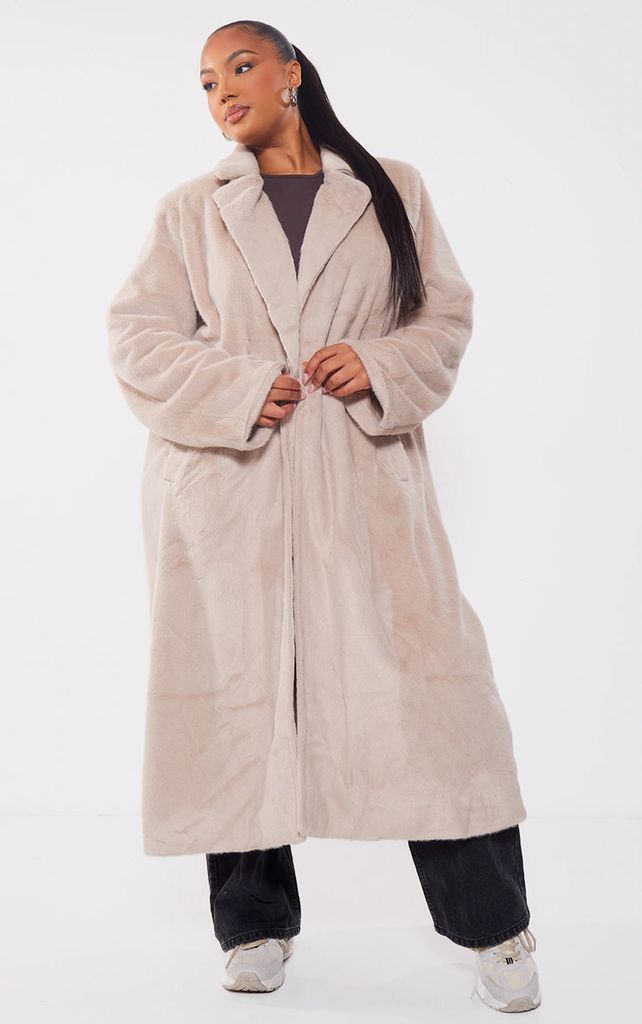 Plus Beige Premium Soft Faux Fur Tailored Maxi Coat, Camel
