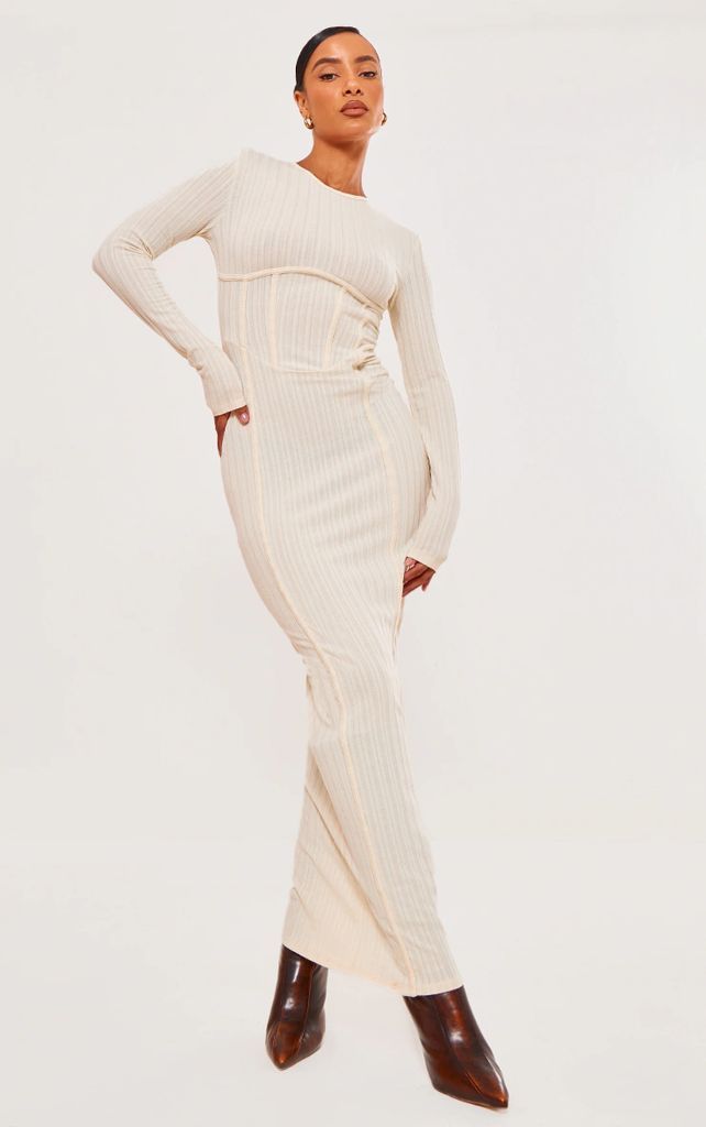 Cream Wide Rib Boned Detail Long Sleeve Maxi Dress, White