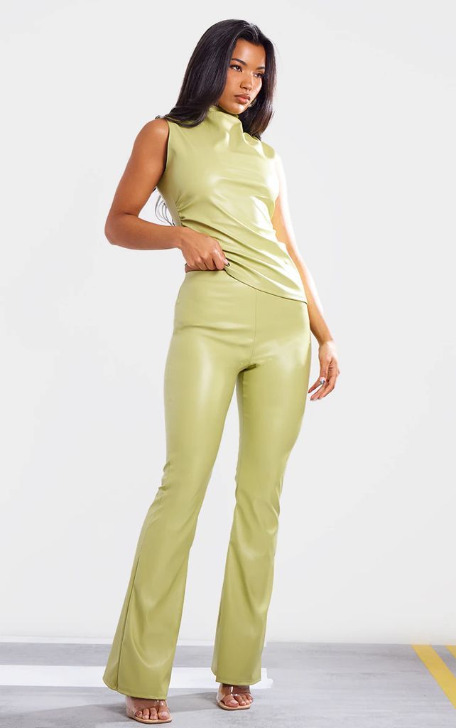 Olive Faux Leather High Waisted Flared Trousers, Green