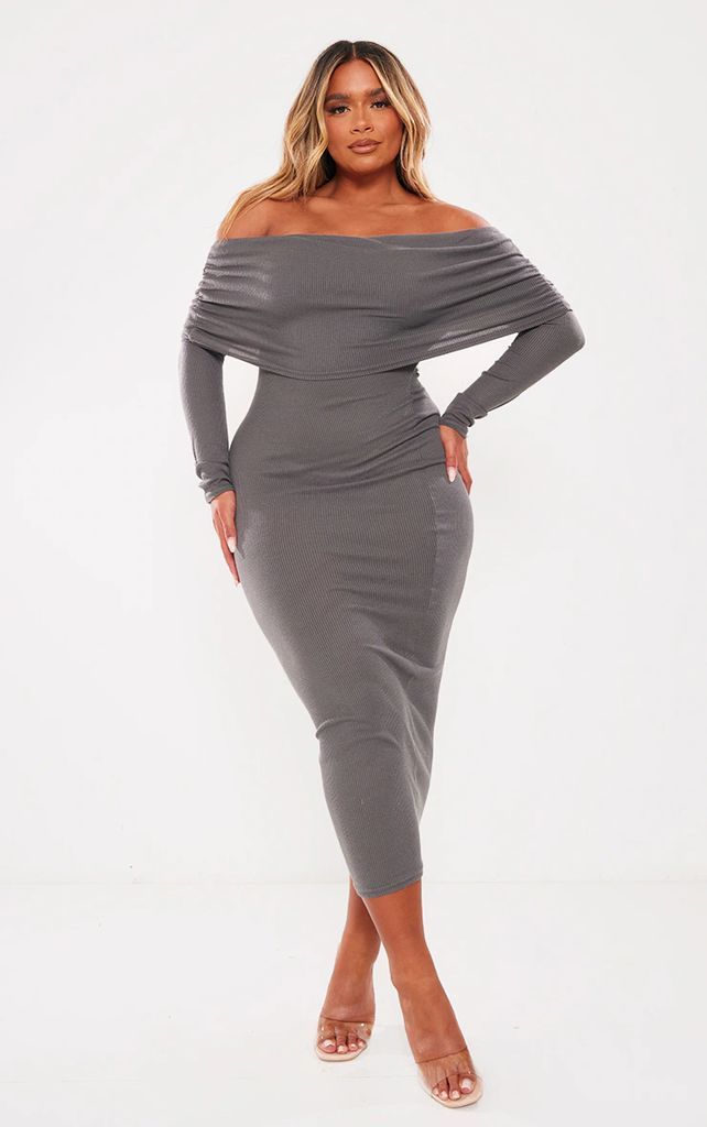 Shape Charcoal Rib Bardot Long Sleeve Maxi Dress, Grey
