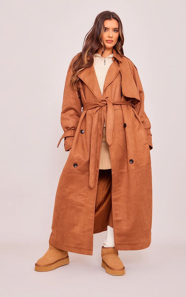Tan Faux Suede Trench Coat, Brown