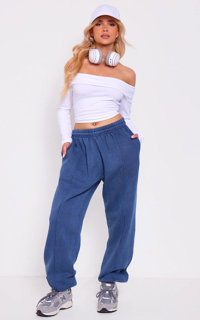 Washed Blue Pintuck Detail Oversized Joggers, Blue