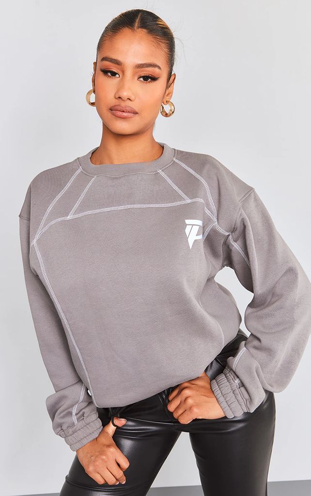 Charcoal Reflective P Printed Exposed Stitching Oversized Sweatshirt, Grey