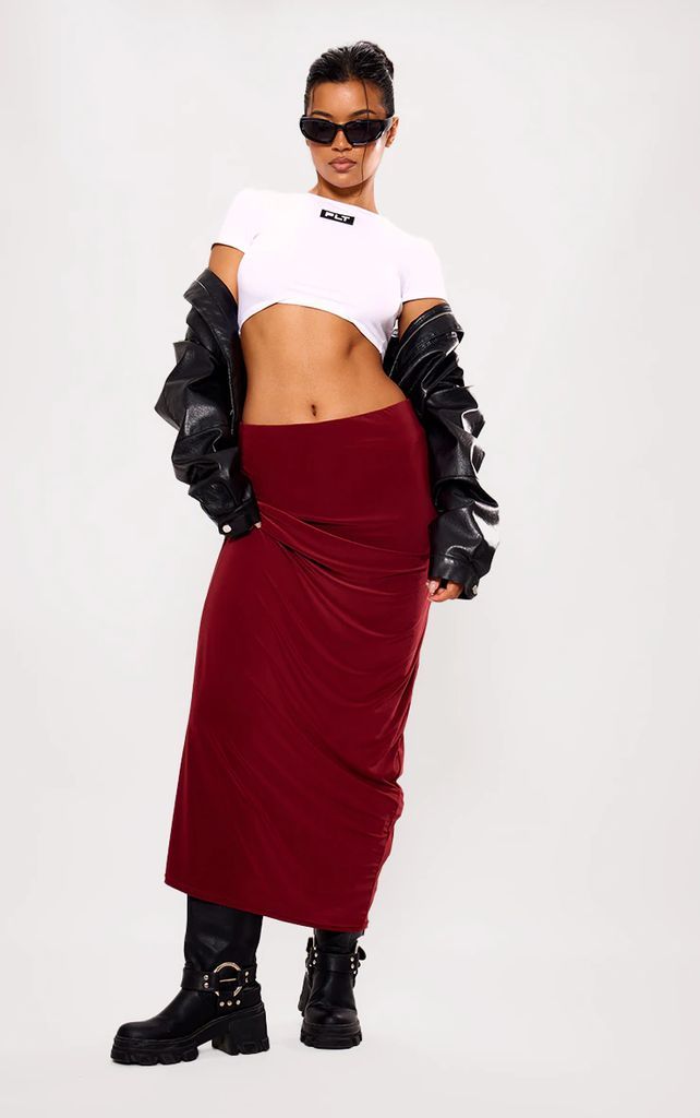 Cherry Red Soft Touch Low Rise Drapy Maxi Skirt, Cherry Red