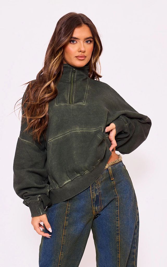 Khaki Washed Zip Up Pocket Detail Sweatshirt, Green