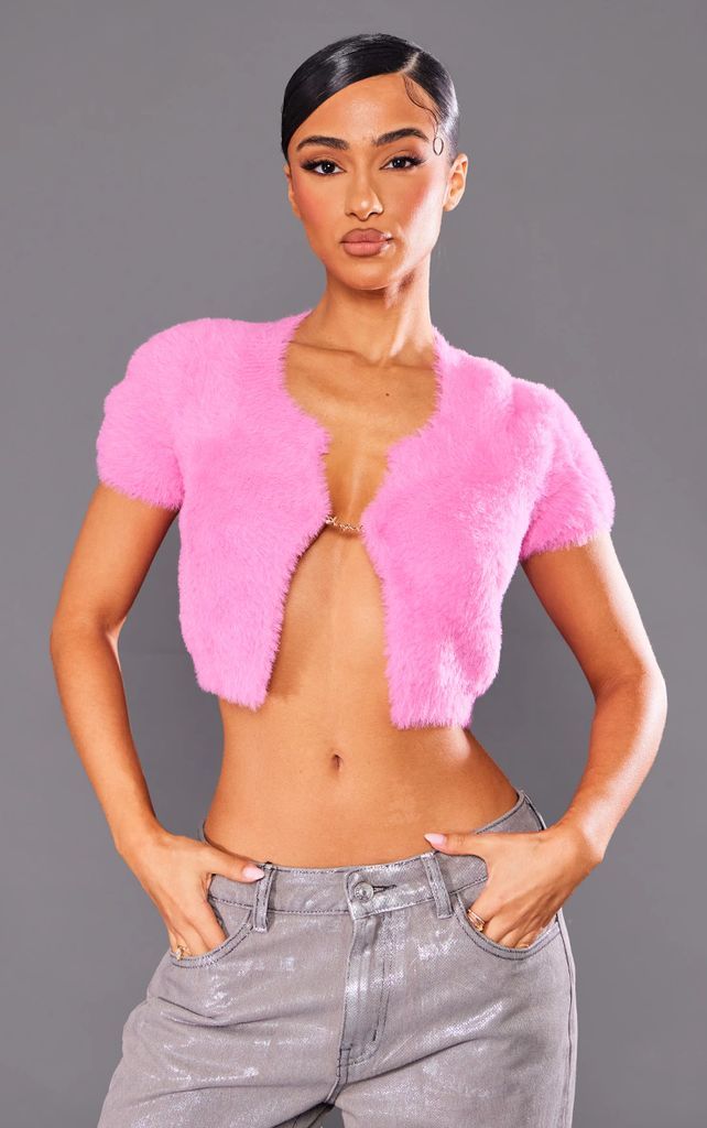 Petite Pink Fluffy Knit Short Sleeve Crop Top With Hardware Detail, Pink