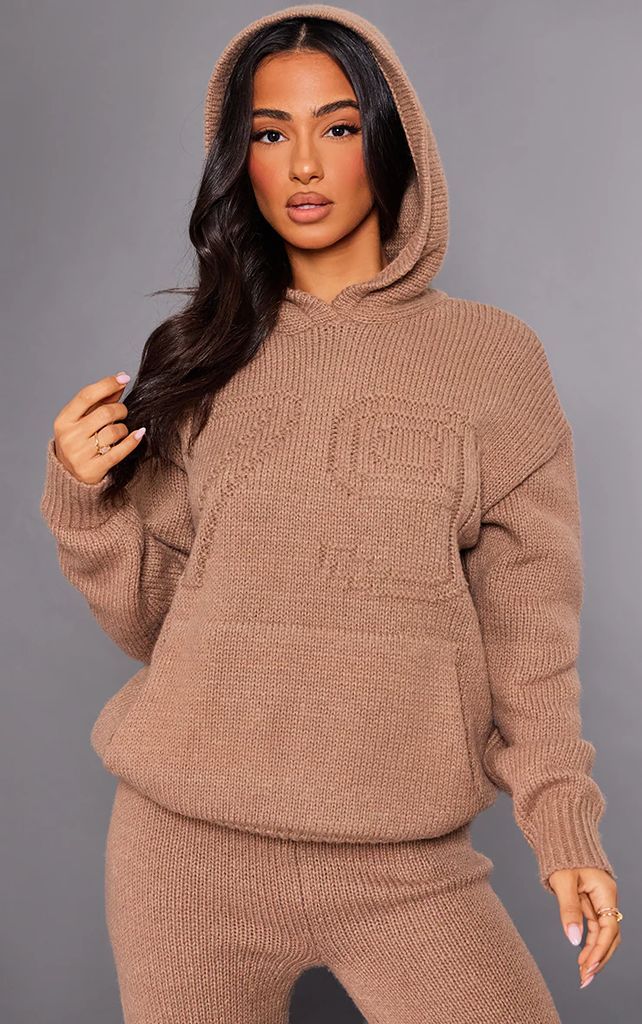 Petite Taupe Embriodered Knitted Hoodie, Brown