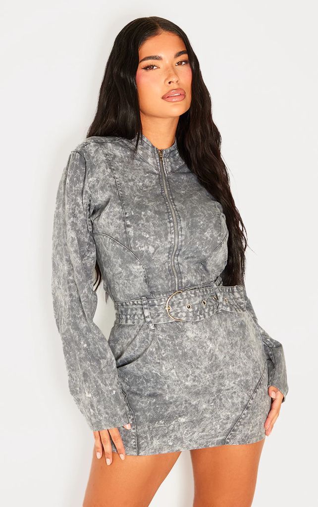 Petite Washed Grey Long Sleeve Fitted Mini Dress With Belt Detail, Washed Grey