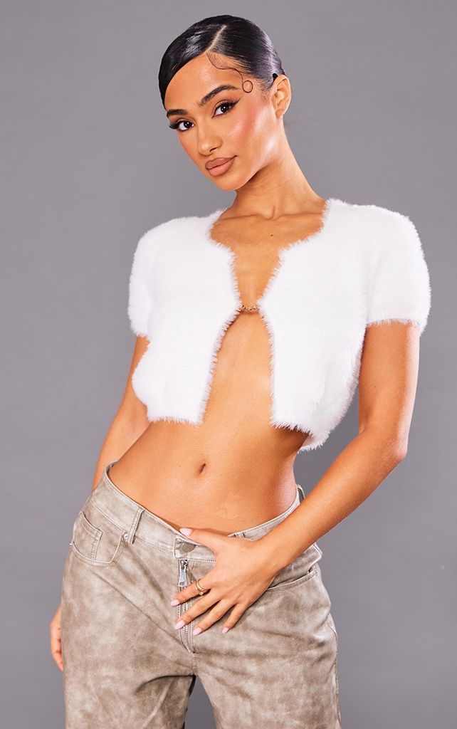 Petite White Fluffy Knit Short Sleeve Crop Top With Hardware Detail, White