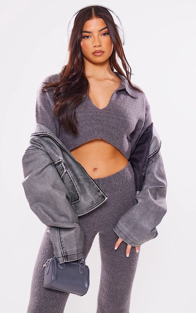 Charcoal Collared Crop Knit Jumper, Grey