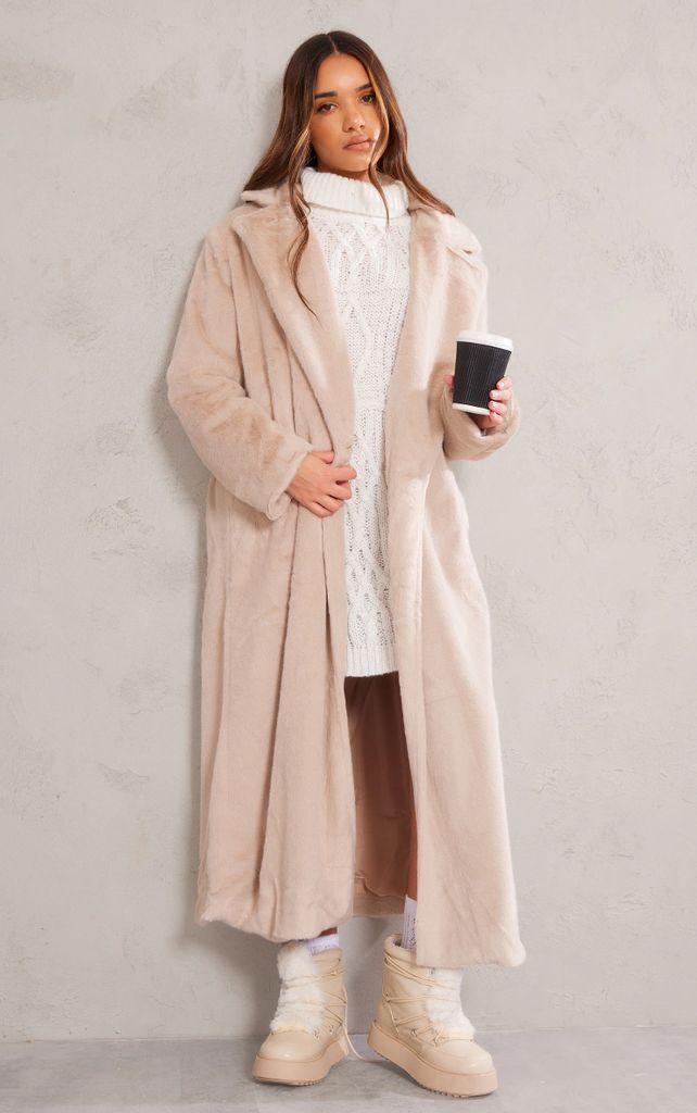 Beige Premium Soft Faux Fur Tailored Maxi Coat, Camel