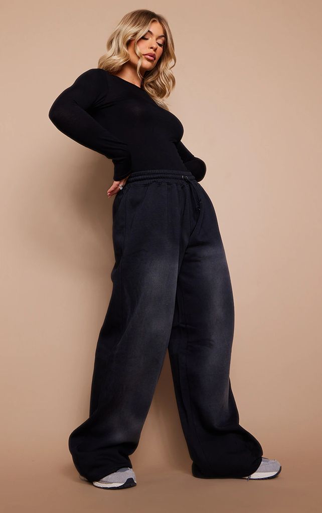 Black Ombre Washed Effect High Waisted Wide Leg Joggers, Black