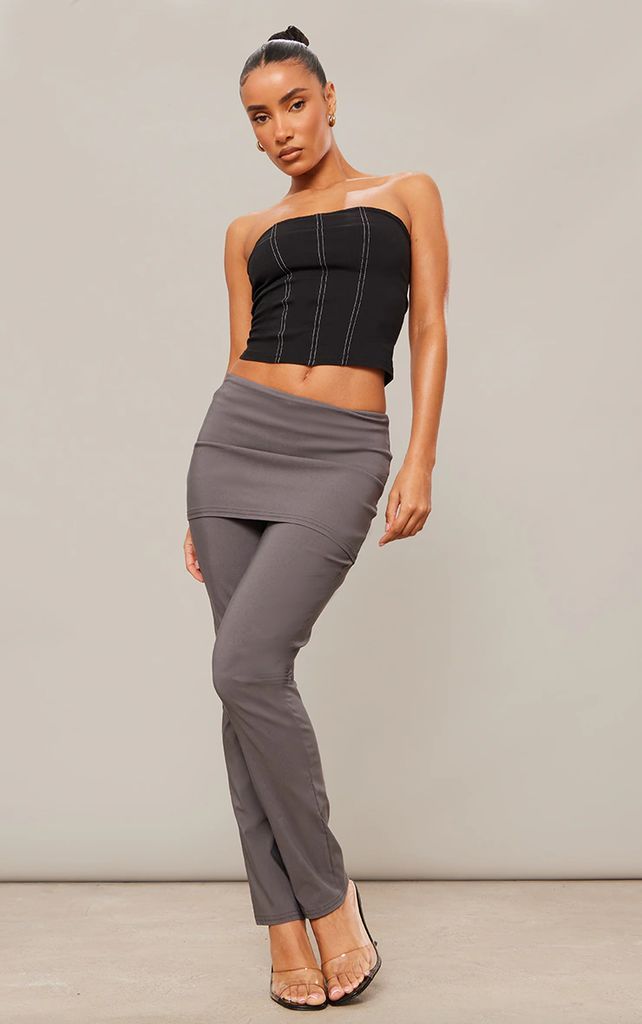 Charcoal Stretch Woven Peplum Skirt Trousers, Grey