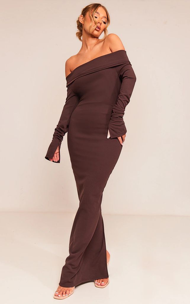 Chocolate Crepe Long Sleeve Bardot Maxi Dress, Chocolate