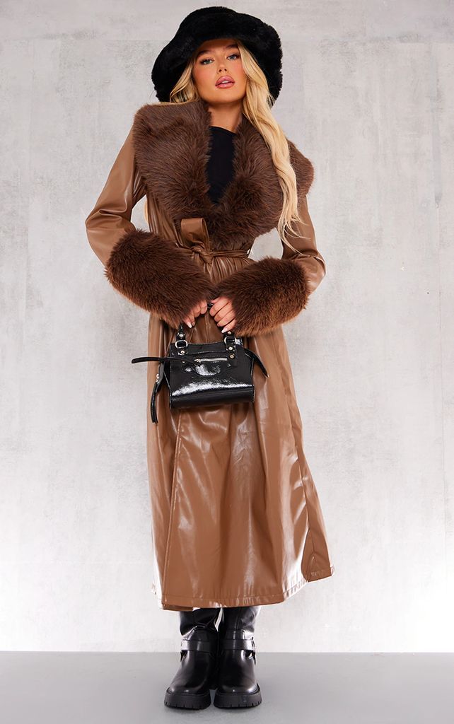 Taupe Premium Faux Fur Trim Faux Leather Belted Trench Coat, Brown