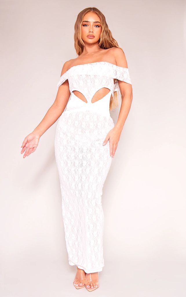 White Lace Bardot Cut Out Maxi Dress, White