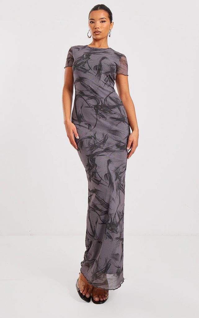 Charcoal Abstract Print Mesh Short Sleeve Maxi Dress, Grey