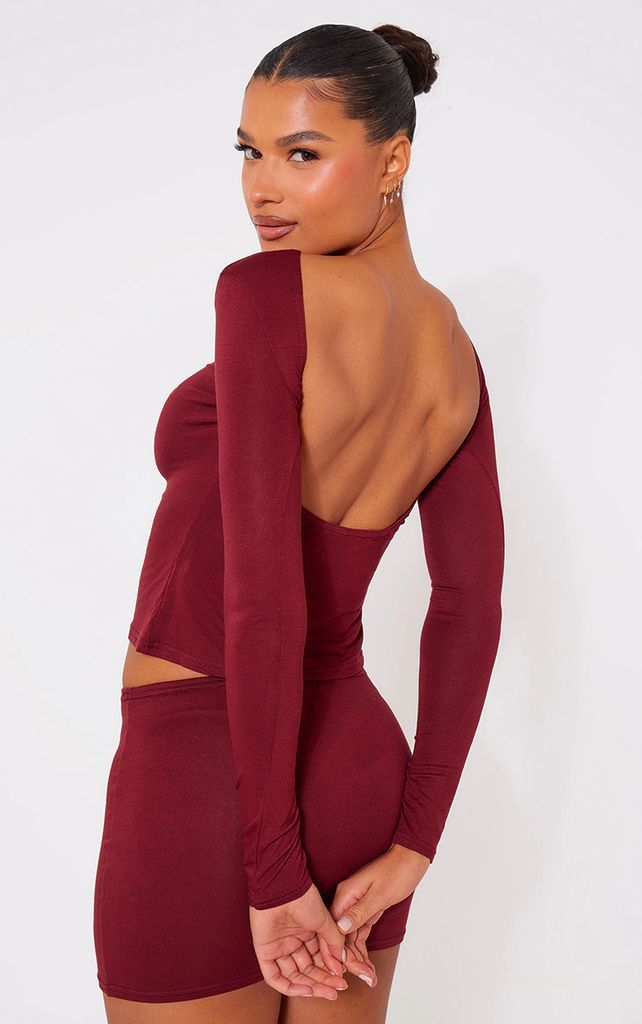 Cherry Red Jersey Low Back Long Sleeve Longline Top, Cherry Red