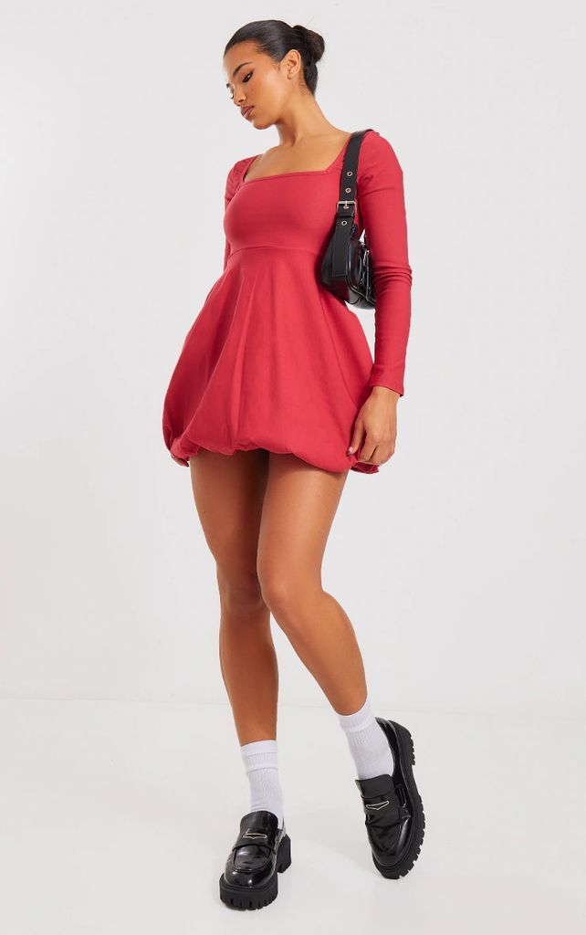Cherry Red Stretch Woven Long Sleeve Puffball Shift Dress, Cherry Red