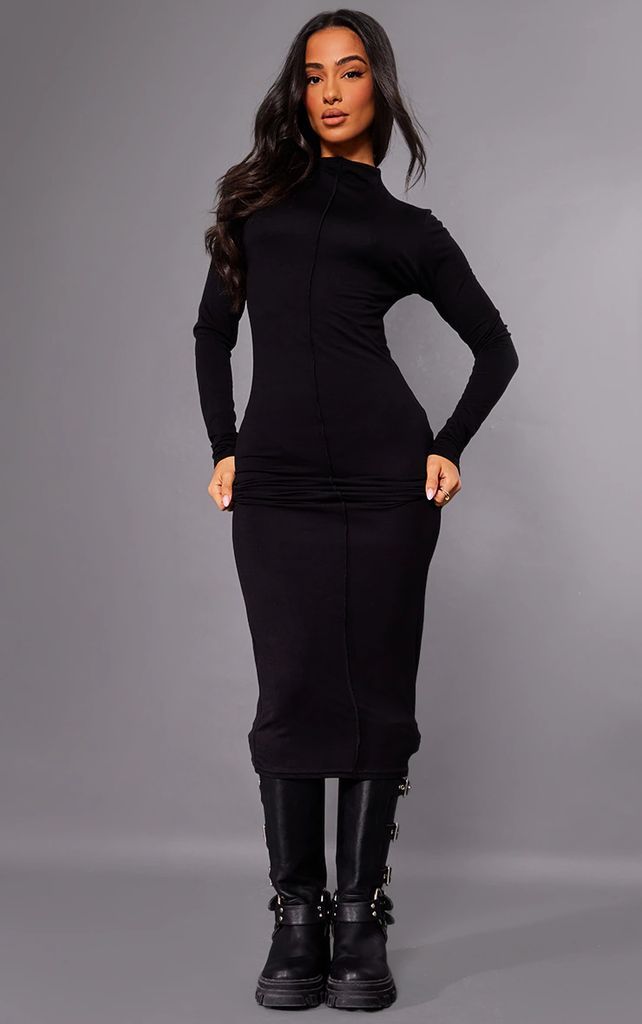 Petite Black Jersey Seam Detail Midaxi Dress, Black