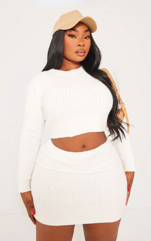 Plus Cream Brushed Knitted Crop Jumper, White