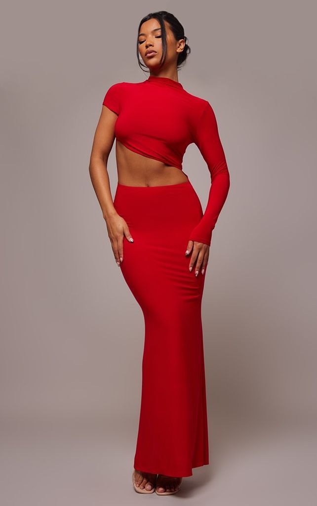 Red Slinky One Shoulder Cut Out Maxi Dress, Red