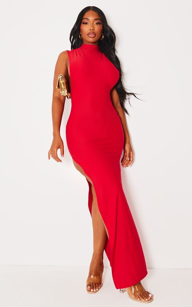 Shape Red Slinky Low Cut Side Maxi Dress, Red