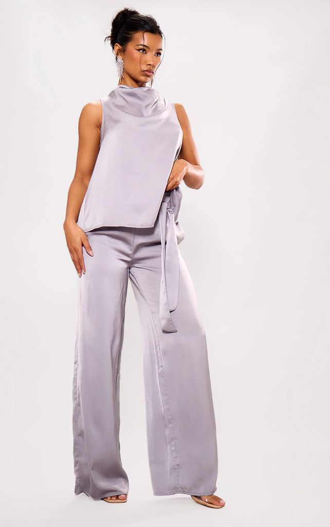 Silver Grey Satin Tailored Belted Wide Leg Trousers, Silver Grey