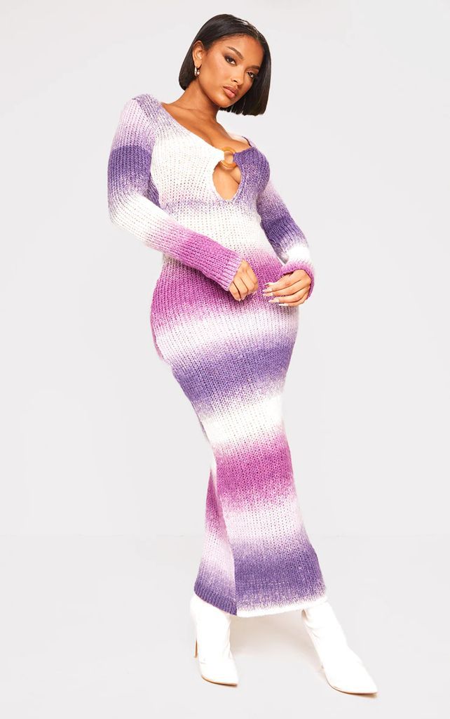 Shape Purple Ombre Knit Plunge Ring Long Sleeve Midaxi Dress, Purple