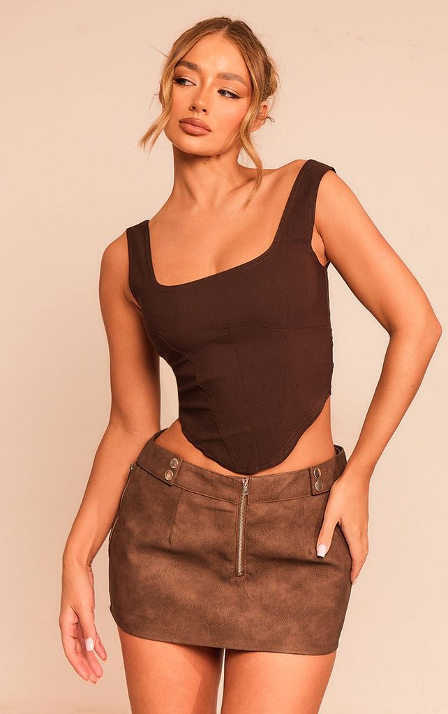 Chocolate Stretch Woven Square Neck Corset Top, Chocolate