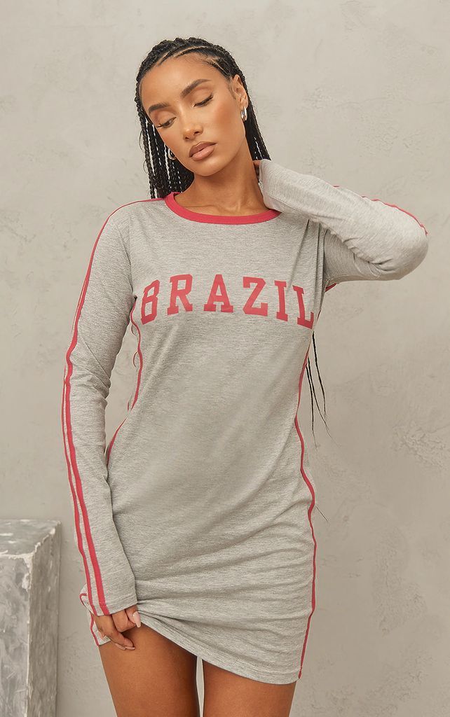 Grey Marl Brazil Slogan Contrast Long Sleeve Bodycon Dress, Grey Marl