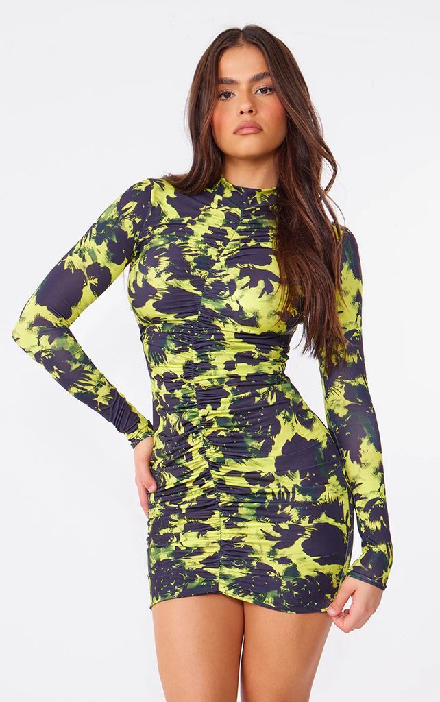 Multi Printed Slinky High Neck Ruched Long Sleeve Bodycon Dress, Multi