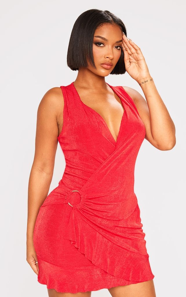 Shape Red Slinky Acetate Ring Wrap Detail Mini Dress, Red