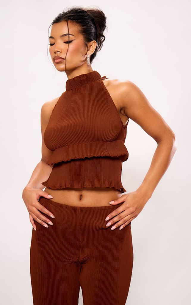 Chocolate Plisse Woven High Neck Top, Chocolate