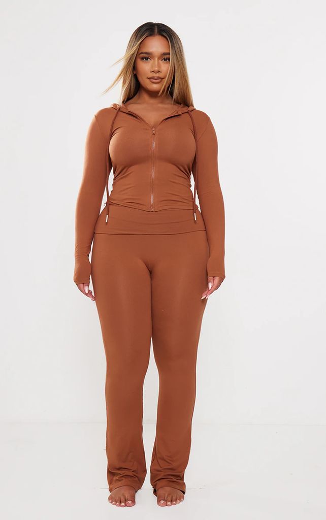 Shape Chocolate Brown Sculpted Foldover Waist Flare Trousers, Choc Brown