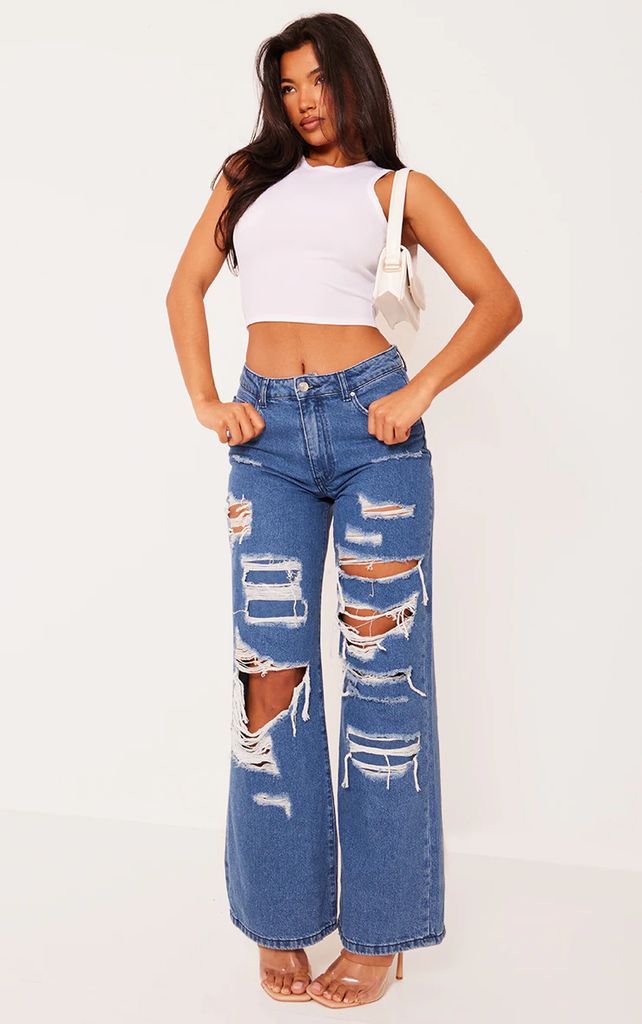 Mid Blue Wash Extreme Ripped Wide Leg Jeans, Mid Blue Wash
