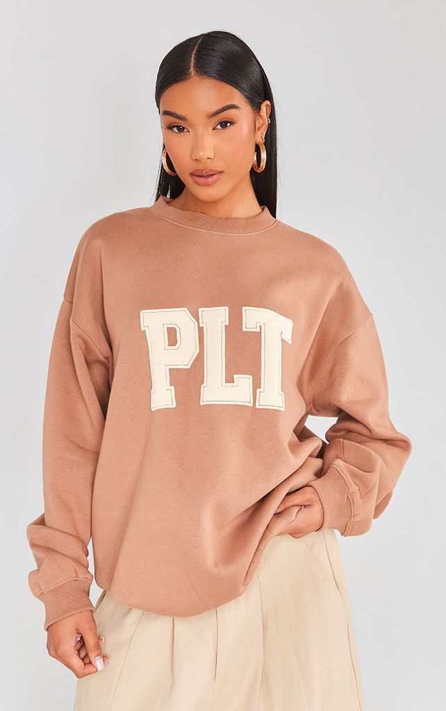 Mocha Puff Printed Oversized Sweatshirt, Brown