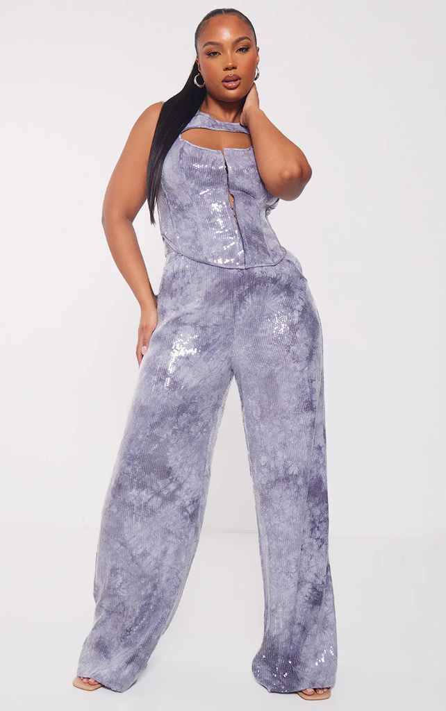 Plus Charcoal Sequin Wide Leg Trousers, Grey
