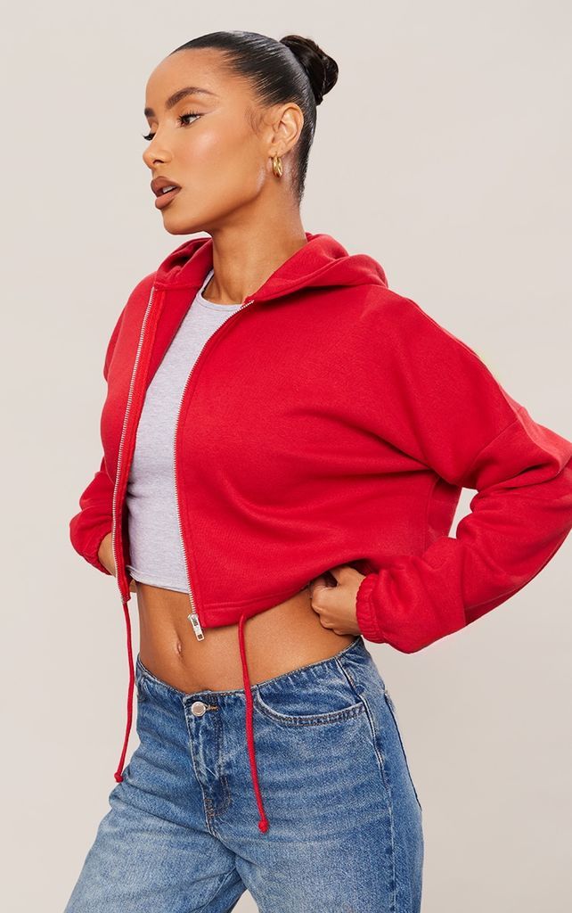 Red Toggle Waist Zip Up Cropped Hoodie, Red