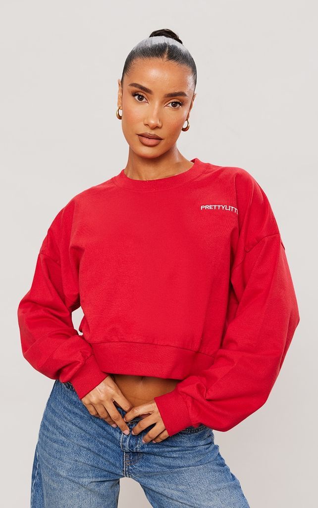 Red Washed Embroidered Crop Sweatshirt, Red