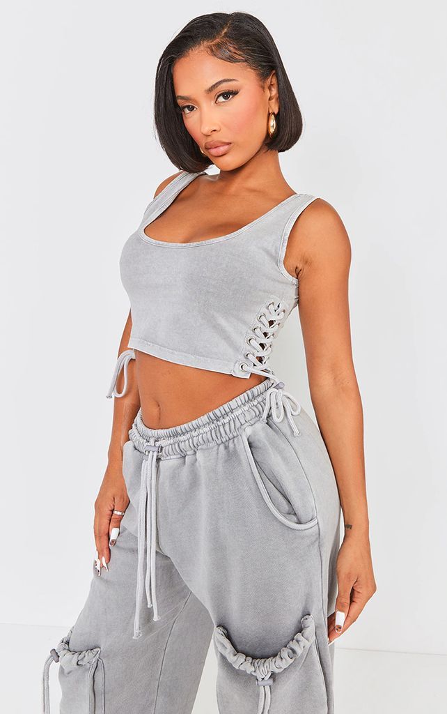 Shape Light Grey Washed Lace Up Toggle Scoop Neck Crop Top, Grey