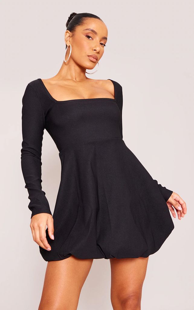 Black Stretch Woven Long Sleeve Puffball Shift Dress, Black