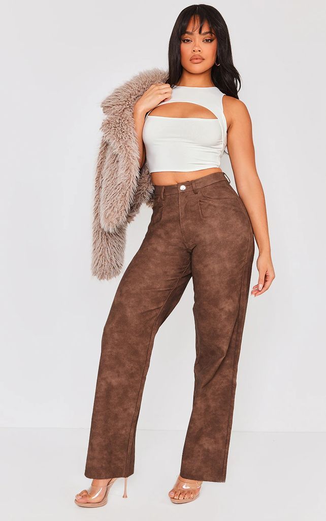 Chocolate Washed Faux Leather Dart Pocket Straight Leg Trousers, Chocolate