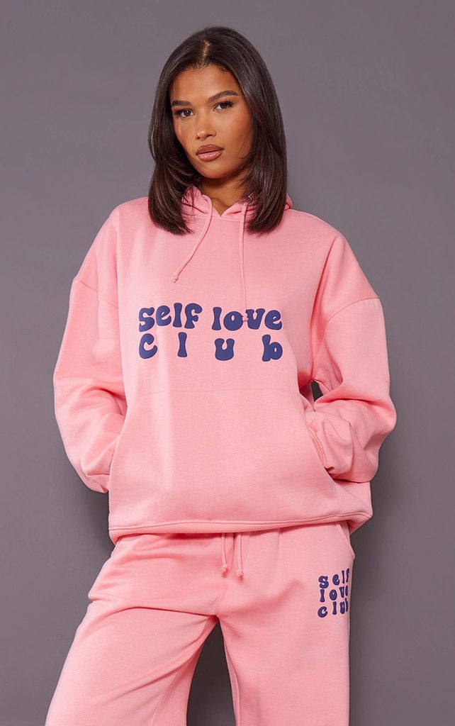 Pink Self Love Club Slogan Puff Print Oversized Hoodie, Pink