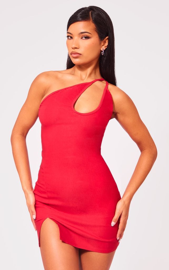 Red Stretch Woven Cut Out One Shoulder Bodycon Dress, Red