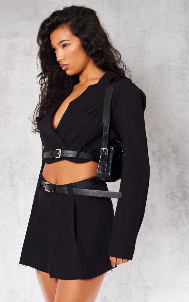 Black Tailored Boxy Belt Cropped Blazer, Black