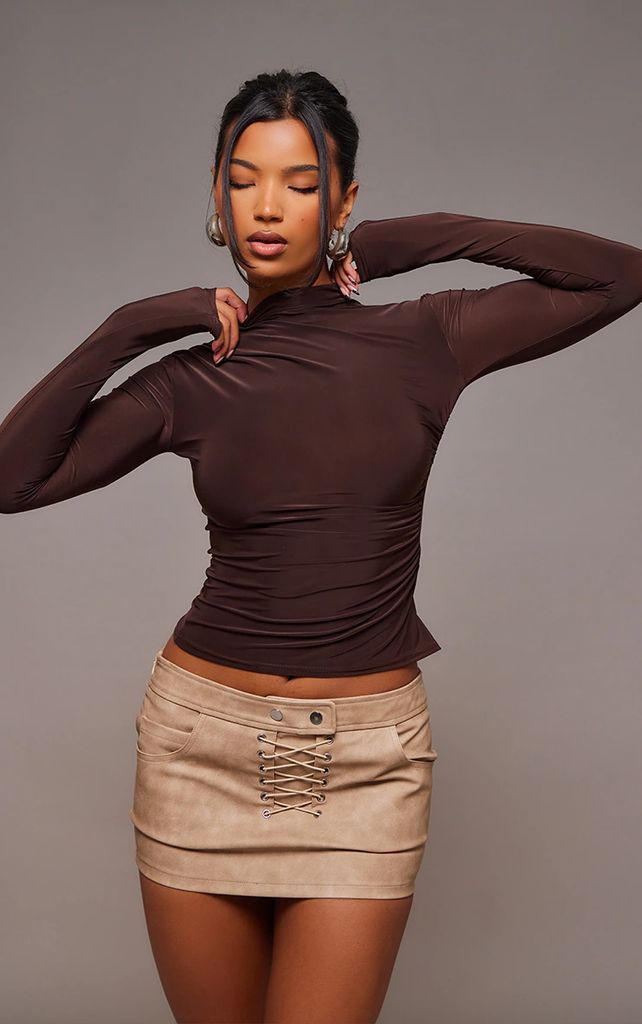 Brown Slinky Ruched Side High Neck Long Top, Brown