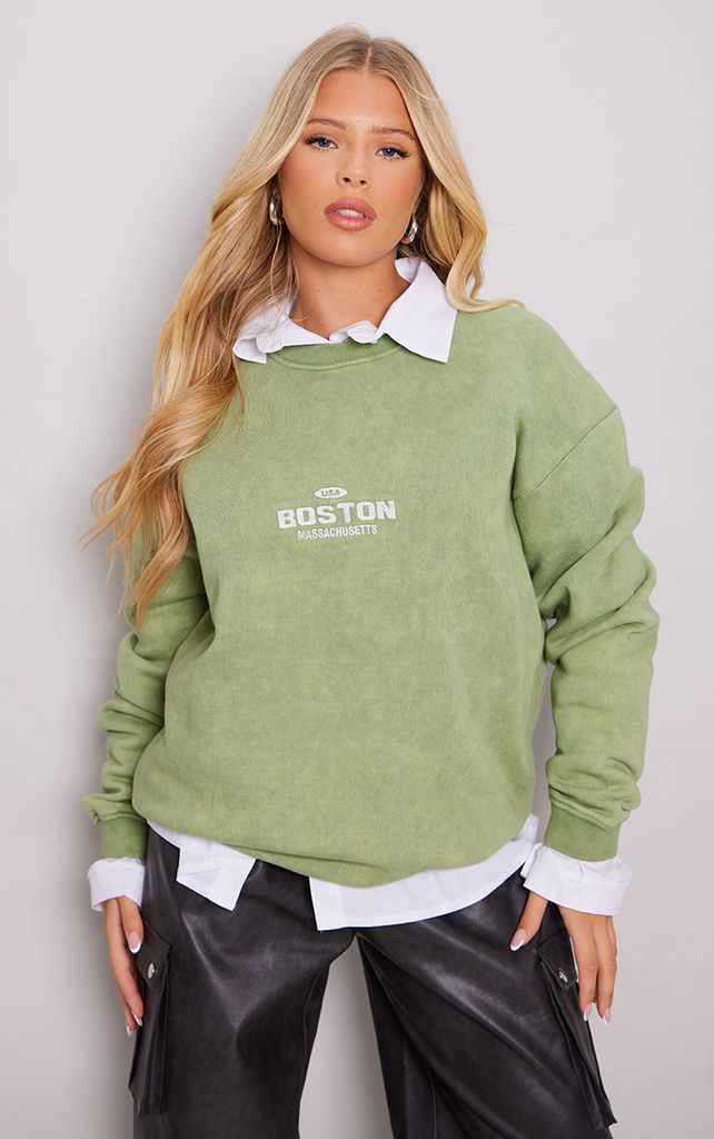 Green Boston Embroidered Washed Sweatshirt, Green